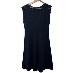 Talbots Womens Size Small Fit and Flare Cotton Dress Navy Blue Crochet Trim FLAW